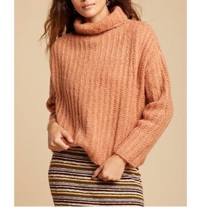 Free People Fluffy Fox Papaya Turtleneck Cowl-Neck Boxy Chunky Oversized Sweater